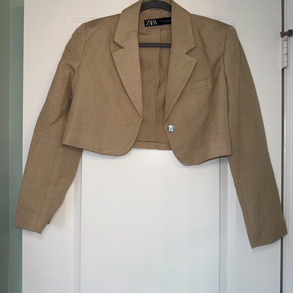 ZARA Cropped Linen Blend Blazer Beige Size S - Picture 1 of 2